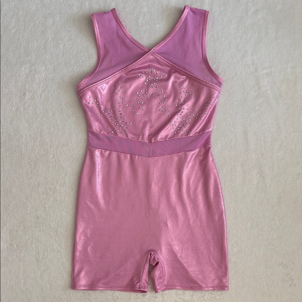 Cat & Jack | Shimmer Rhinestone Gymnastics Biketard Leotard Pink Silver L 10/12